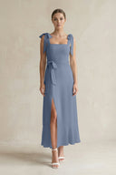 Square Neck A - Line Chiffon Midi Bridesmaid Dress with Bow in Neptune - KissProm Bridesmaid Dresses