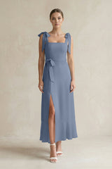 Square Neck A - Line Chiffon Midi Bridesmaid Dress with Bow in Neptune - KissProm Bridesmaid Dresses