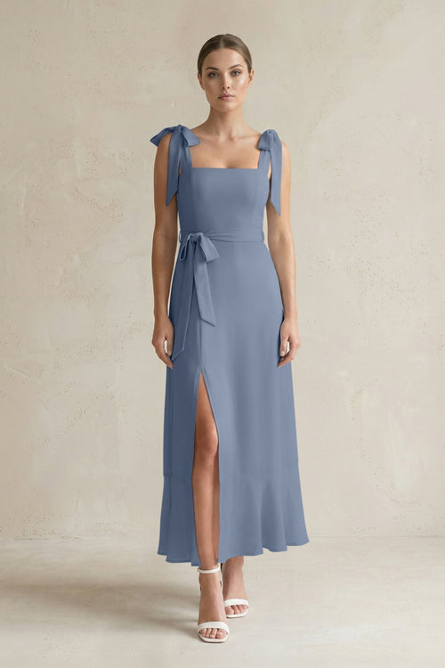 Square Neck A - Line Chiffon Midi Bridesmaid Dress with Bow in Neptune - KissProm Bridesmaid Dresses