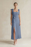 Square Neck A - Line Chiffon Midi Bridesmaid Dress with Bow in Neptune - KissProm Bridesmaid Dresses