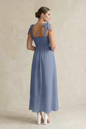 Square Neck A - Line Chiffon Midi Bridesmaid Dress with Bow in Neptune - KissProm Bridesmaid Dresses