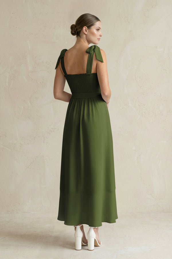Square Neck A - Line Chiffon Midi Bridesmaid Dress with Bow in Olive - KissProm Bridesmaid Dresses