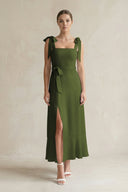 Square Neck A - Line Chiffon Midi Bridesmaid Dress with Bow in Olive - KissProm Bridesmaid Dresses