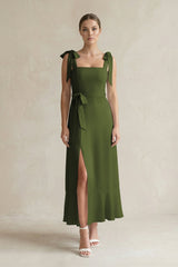 Square Neck A - Line Chiffon Midi Bridesmaid Dress with Bow in Olive - KissProm Bridesmaid Dresses