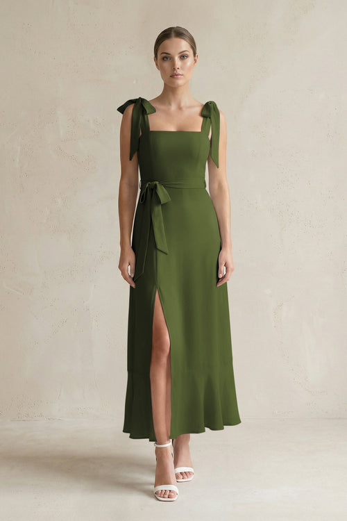 Square Neck A - Line Chiffon Midi Bridesmaid Dress with Bow in Olive - KissProm Bridesmaid Dresses