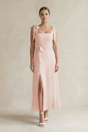 Square Neck A - Line Chiffon Midi Bridesmaid Dress with Bow in Pale Blush - KissProm Bridesmaid Dresses