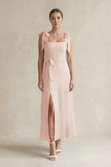 Square Neck A - Line Chiffon Midi Bridesmaid Dress with Bow in Pale Blush - KissProm Bridesmaid Dresses