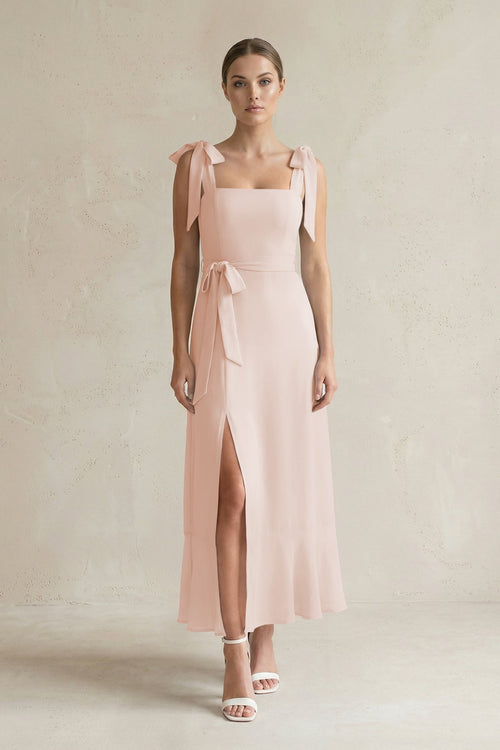 Square Neck A - Line Chiffon Midi Bridesmaid Dress with Bow in Pale Blush - KissProm Bridesmaid Dresses