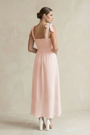 Square Neck A - Line Chiffon Midi Bridesmaid Dress with Bow in Pale Blush - KissProm Bridesmaid Dresses