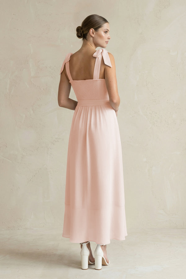 Square Neck A - Line Chiffon Midi Bridesmaid Dress with Bow in Pale Blush - KissProm Bridesmaid Dresses