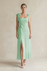 Square Neck A - Line Chiffon Midi Bridesmaid Dress with Bow in Pale Pistachio - KissProm Bridesmaid Dresses