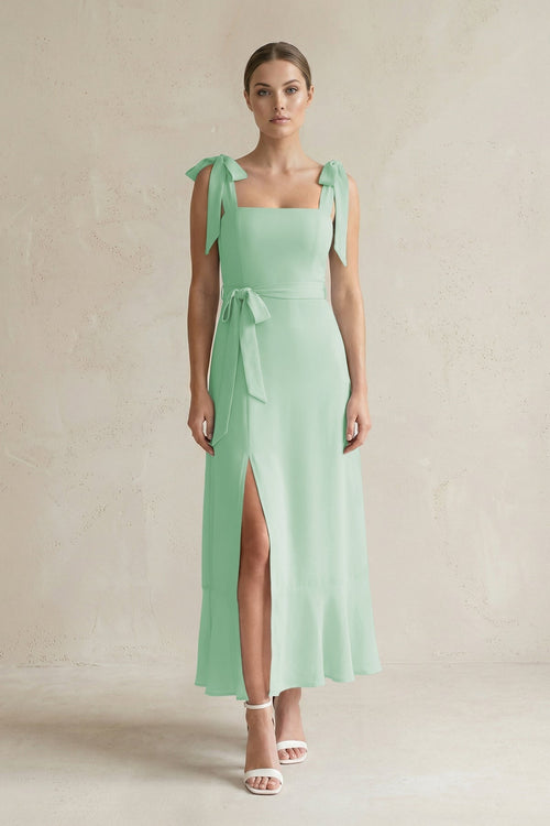 Square Neck A - Line Chiffon Midi Bridesmaid Dress with Bow in Pale Pistachio - KissProm Bridesmaid Dresses