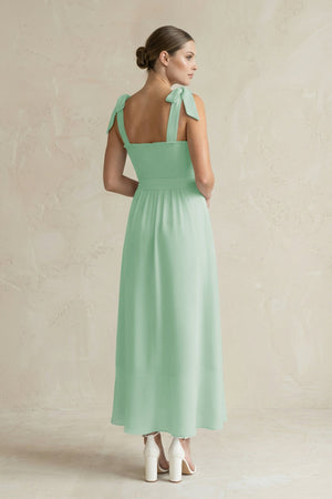 Square Neck A - Line Chiffon Midi Bridesmaid Dress with Bow in Pale Pistachio - KissProm Bridesmaid Dresses