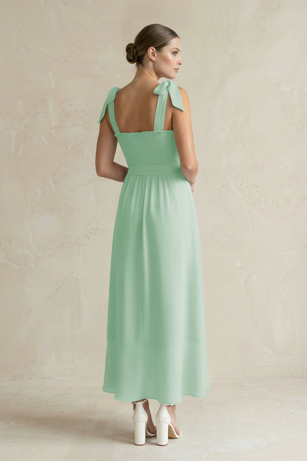 Square Neck A - Line Chiffon Midi Bridesmaid Dress with Bow in Pale Pistachio - KissProm Bridesmaid Dresses