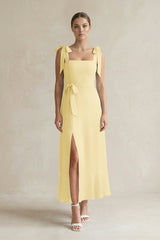 Square Neck A - Line Chiffon Midi Bridesmaid Dress with Bow in Pastel Yellow - KissProm Bridesmaid Dresses