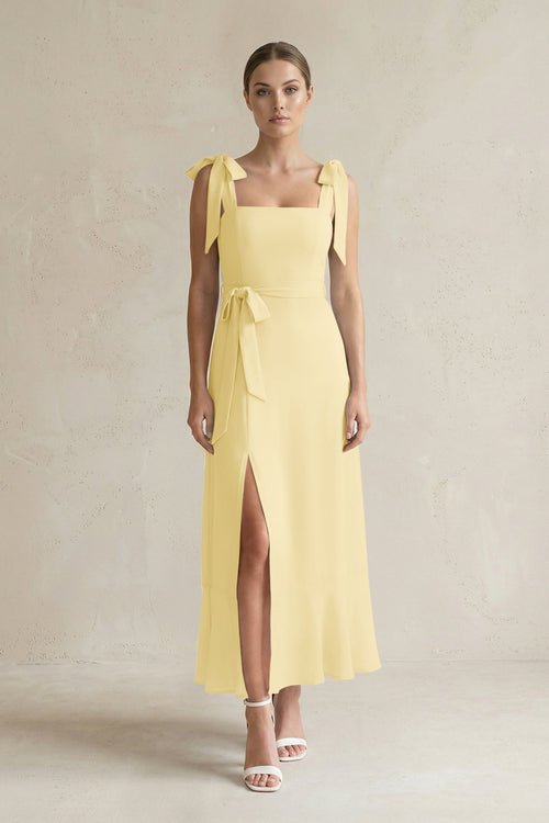 Square Neck A - Line Chiffon Midi Bridesmaid Dress with Bow in Pastel Yellow - KissProm Bridesmaid Dresses
