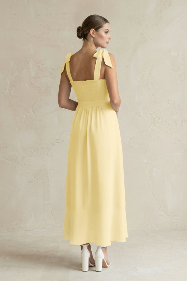 Square Neck A - Line Chiffon Midi Bridesmaid Dress with Bow in Pastel Yellow - KissProm Bridesmaid Dresses