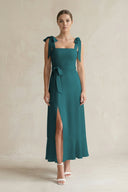 Square Neck A - Line Chiffon Midi Bridesmaid Dress with Bow in Pine - KissProm Bridesmaid Dresses