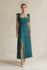 Square Neck A - Line Chiffon Midi Bridesmaid Dress with Bow in Pine - KissProm Bridesmaid Dresses
