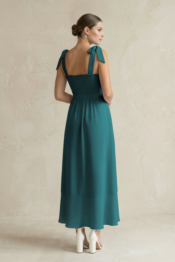 Square Neck A - Line Chiffon Midi Bridesmaid Dress with Bow in Pine - KissProm Bridesmaid Dresses