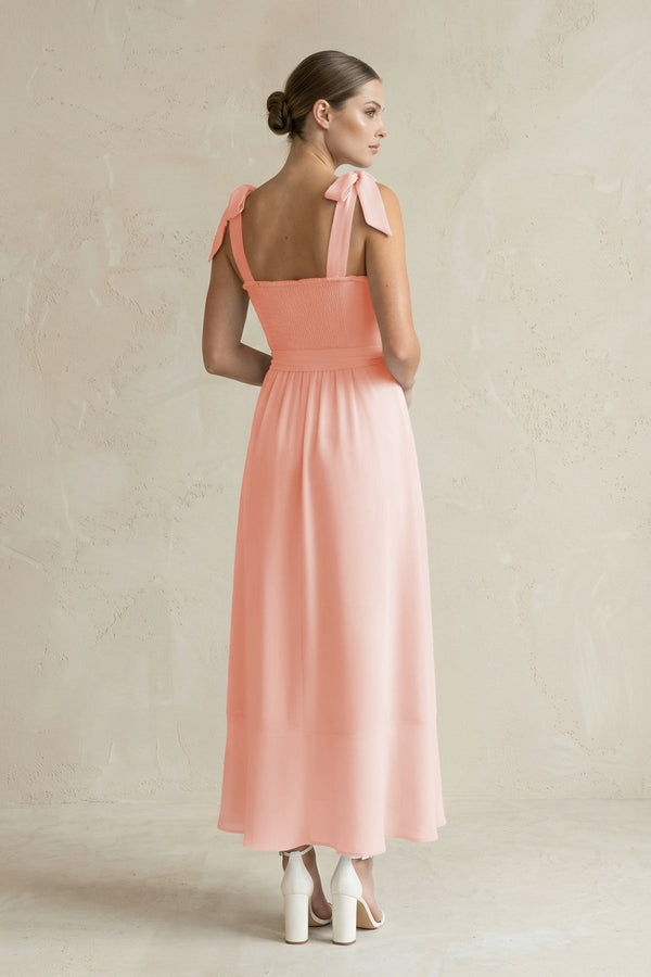 Square Neck A - Line Chiffon Midi Bridesmaid Dress with Bow in Rose Petal - KissProm Bridesmaid Dresses