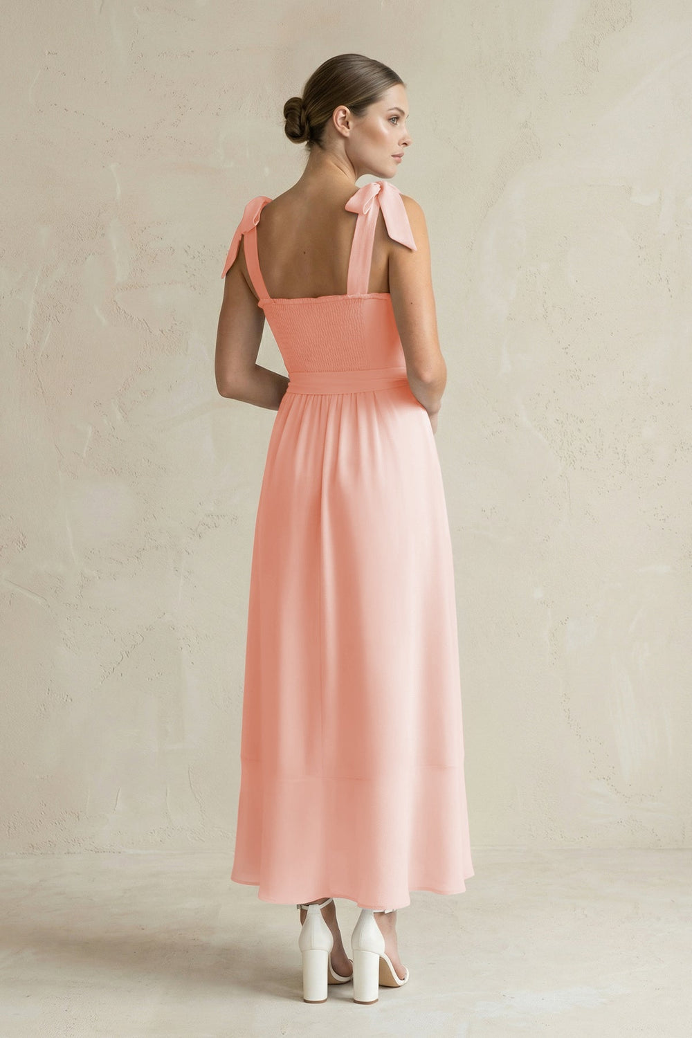 Square Neck A - Line Chiffon Midi Bridesmaid Dress with Bow in Rose Petal - KissProm Bridesmaid Dresses