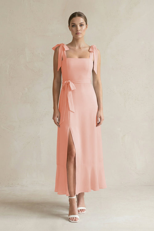 Square Neck A - Line Chiffon Midi Bridesmaid Dress with Bow in Rose Petal - KissProm Bridesmaid Dresses