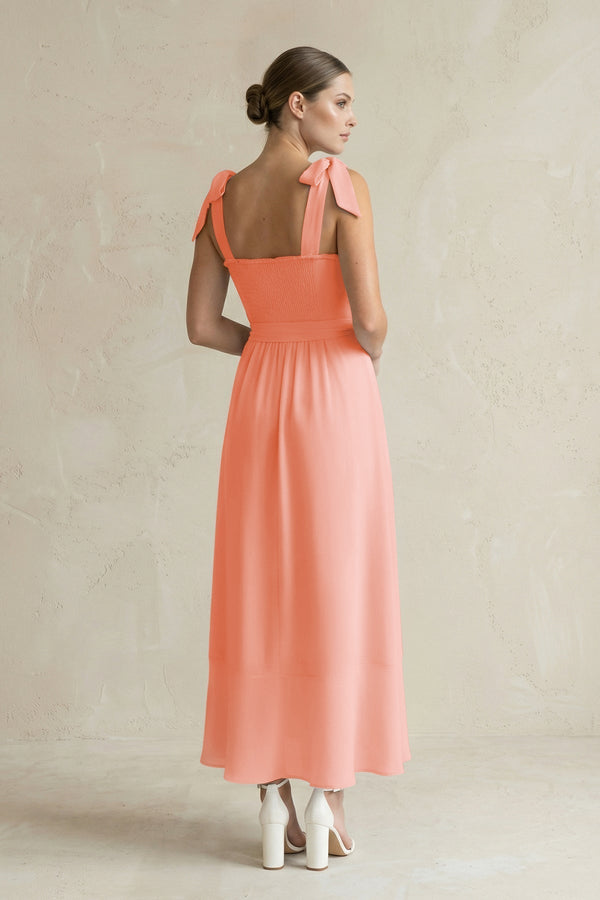 Square Neck A - Line Chiffon Midi Bridesmaid Dress with Bow in Rosette - KissProm Bridesmaid Dresses