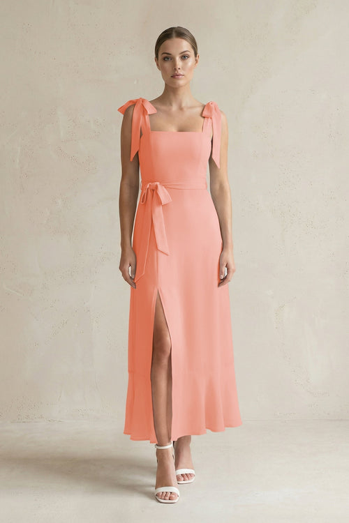 Square Neck A - Line Chiffon Midi Bridesmaid Dress with Bow in Rosette - KissProm Bridesmaid Dresses