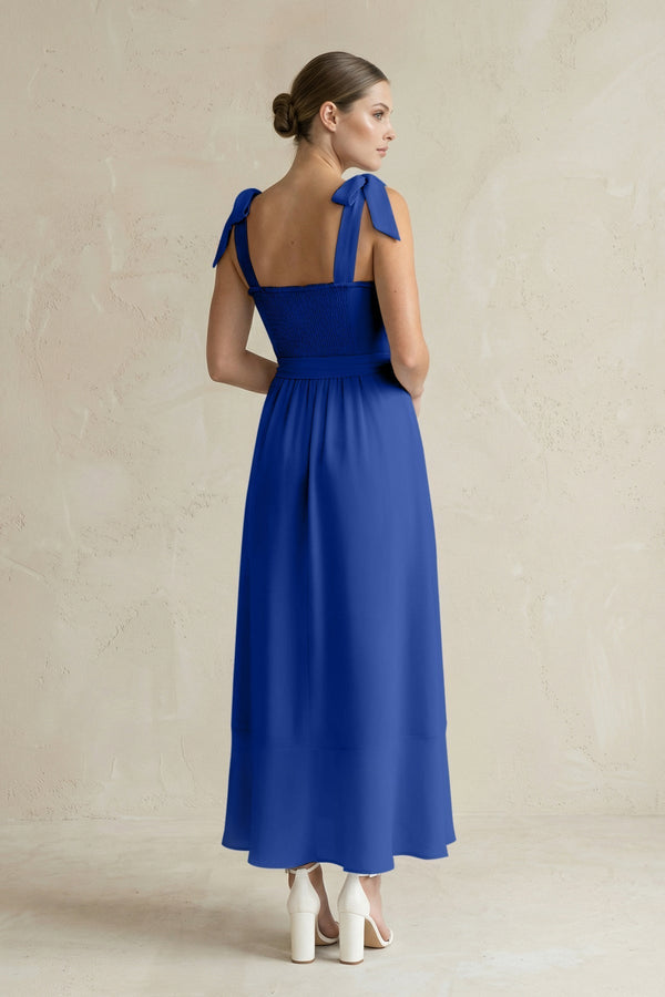 Square Neck A - Line Chiffon Midi Bridesmaid Dress with Bow in Royal Blue - KissProm Bridesmaid Dresses