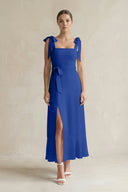 Square Neck A - Line Chiffon Midi Bridesmaid Dress with Bow in Royal Blue - KissProm Bridesmaid Dresses