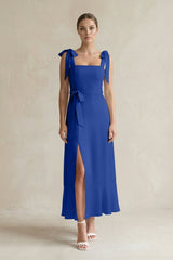 Square Neck A - Line Chiffon Midi Bridesmaid Dress with Bow in Royal Blue - KissProm Bridesmaid Dresses