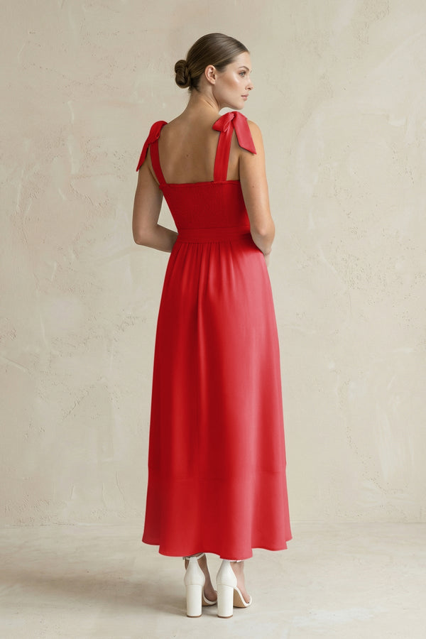 Square Neck A - Line Chiffon Midi Bridesmaid Dress with Bow in Ruby Red - KissProm Bridesmaid Dresses