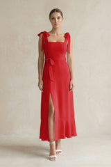Square Neck A - Line Chiffon Midi Bridesmaid Dress with Bow in Ruby Red - KissProm Bridesmaid Dresses