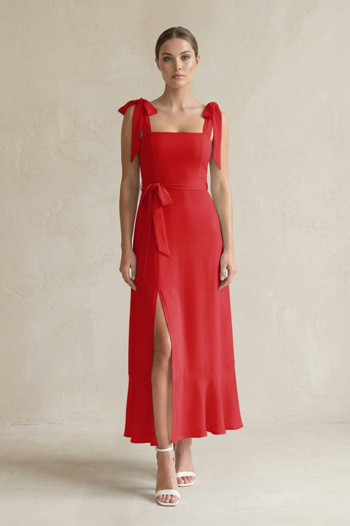 Square Neck A - Line Chiffon Midi Bridesmaid Dress with Bow in Ruby Red - KissProm Bridesmaid Dresses