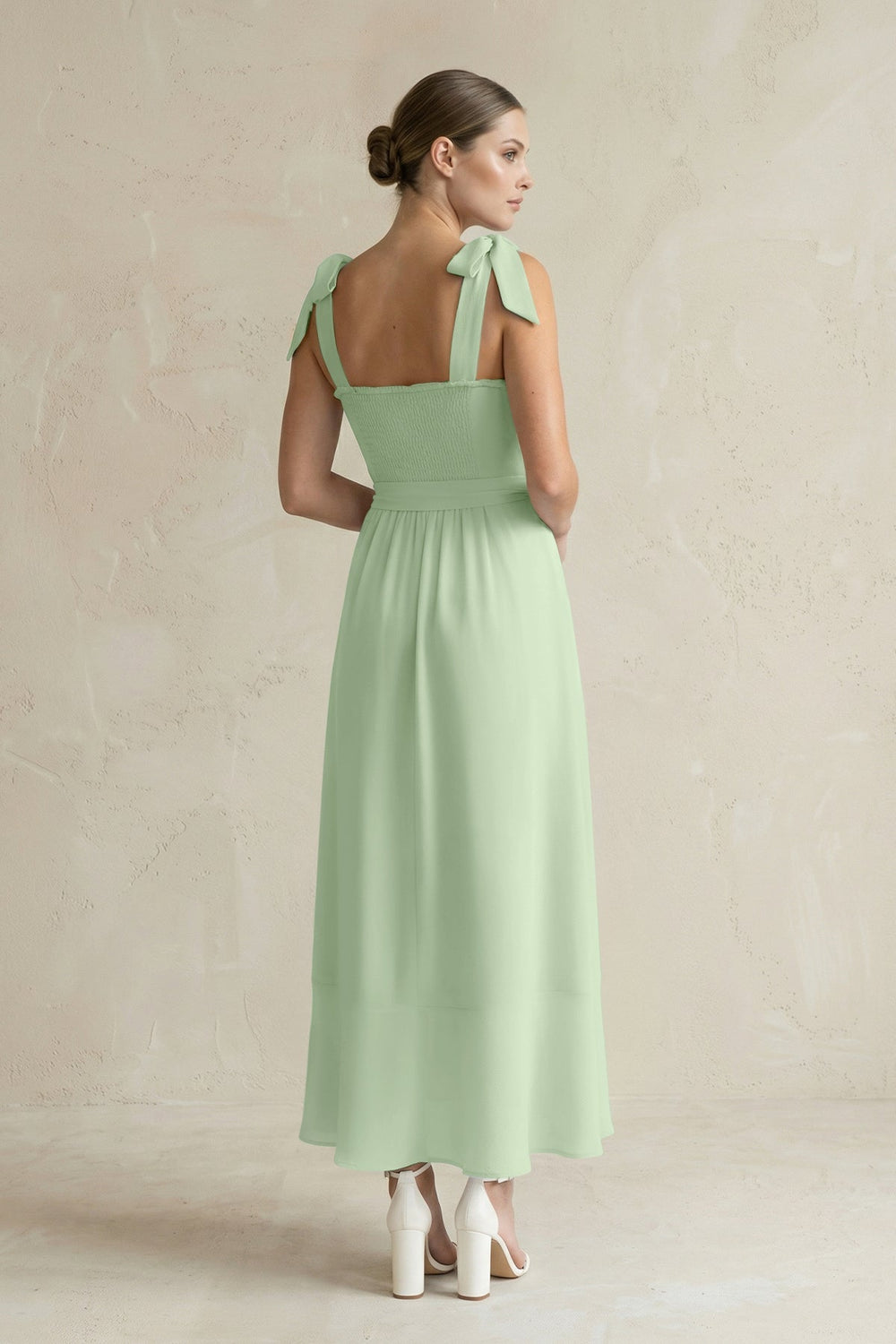 Square Neck A - Line Chiffon Midi Bridesmaid Dress with Bow in Sage - KissProm Bridesmaid Dresses
