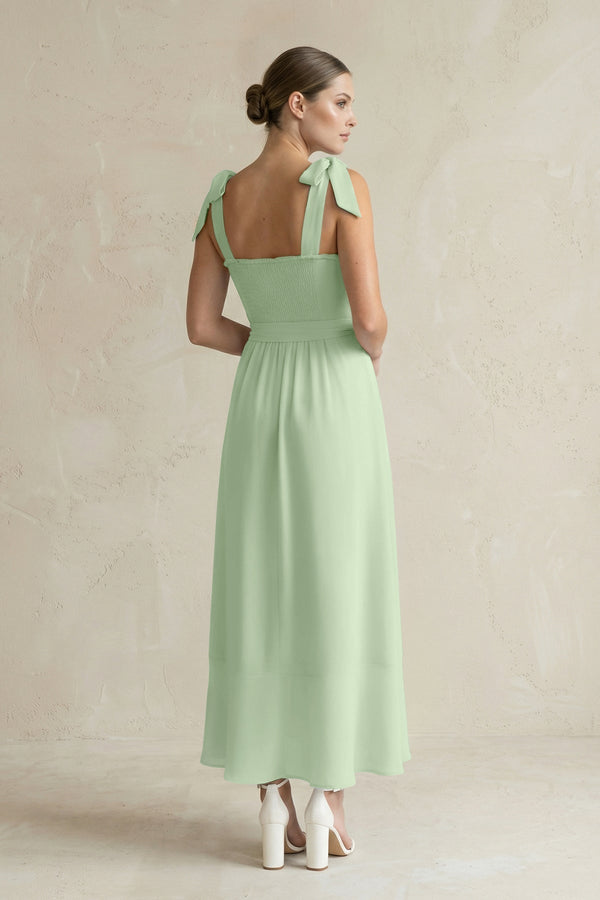 Square Neck A - Line Chiffon Midi Bridesmaid Dress with Bow in Sage - KissProm Bridesmaid Dresses