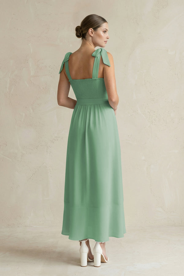 Square Neck A - Line Chiffon Midi Bridesmaid Dress with Bow in Sea Glass - KissProm Bridesmaid Dresses