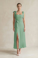 Square Neck A - Line Chiffon Midi Bridesmaid Dress with Bow in Sea Glass - KissProm Bridesmaid Dresses