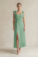 Square Neck A - Line Chiffon Midi Bridesmaid Dress with Bow in Sea Glass - KissProm Bridesmaid Dresses