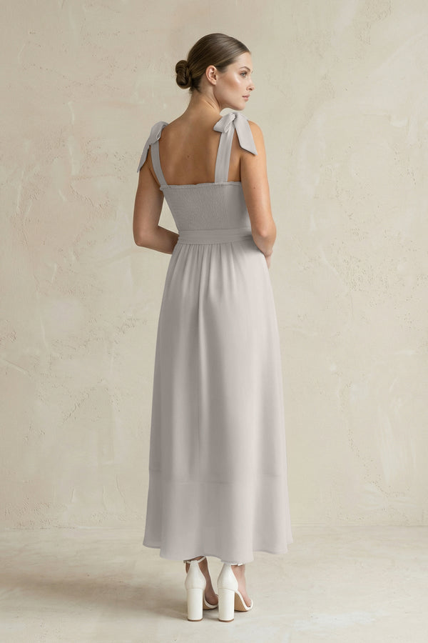 Square Neck A - Line Chiffon Midi Bridesmaid Dress with Bow in Silver - KissProm Bridesmaid Dresses