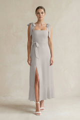 Square Neck A - Line Chiffon Midi Bridesmaid Dress with Bow in Silver - KissProm Bridesmaid Dresses