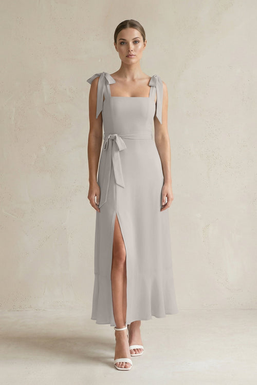 Square Neck A - Line Chiffon Midi Bridesmaid Dress with Bow in Silver - KissProm Bridesmaid Dresses