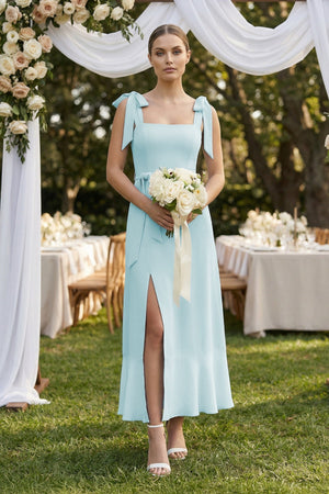 Square Neck A - Line Chiffon Midi Bridesmaid Dress with Bow in Sky Blue - KissProm Bridesmaid Dresses