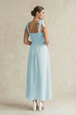Square Neck A - Line Chiffon Midi Bridesmaid Dress with Bow in Sky Blue - KissProm Bridesmaid Dresses