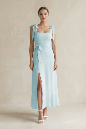 Square Neck A - Line Chiffon Midi Bridesmaid Dress with Bow in Sky Blue - KissProm Bridesmaid Dresses