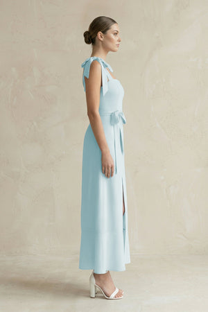 Square Neck A - Line Chiffon Midi Bridesmaid Dress with Bow in Sky Blue - KissProm Bridesmaid Dresses