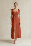 Square Neck A - Line Chiffon Midi Bridesmaid Dress with Bow in Spice - KissProm Bridesmaid Dresses