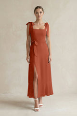 Square Neck A - Line Chiffon Midi Bridesmaid Dress with Bow in Spice - KissProm Bridesmaid Dresses