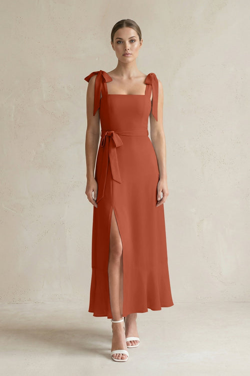 Square Neck A - Line Chiffon Midi Bridesmaid Dress with Bow in Spice - KissProm Bridesmaid Dresses